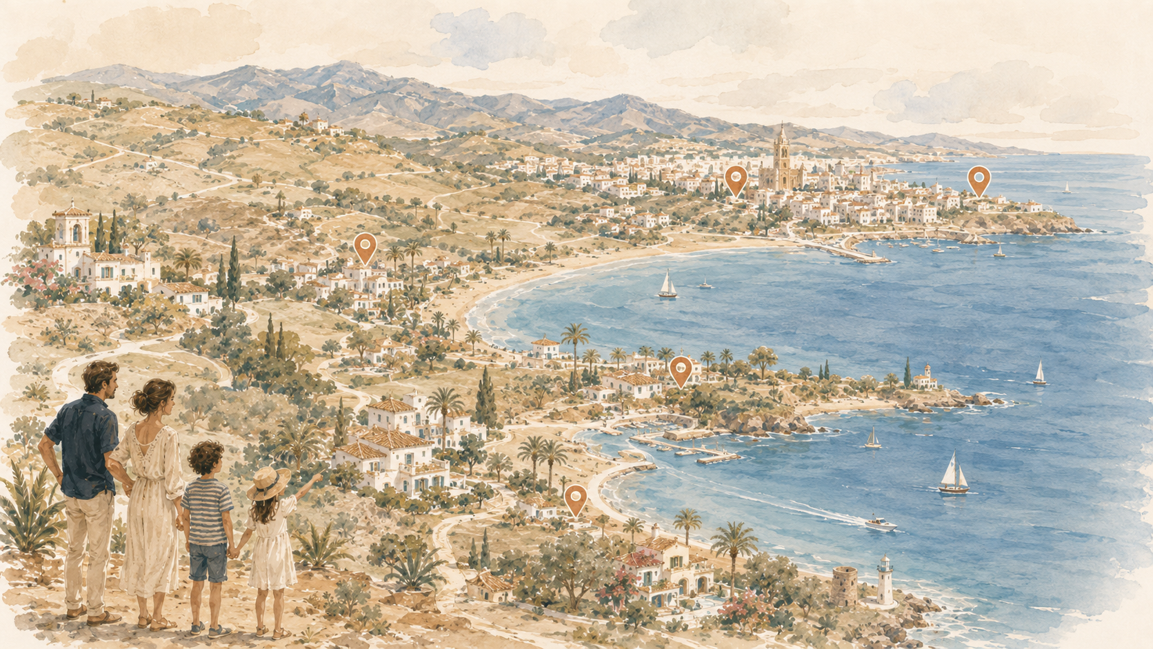 A watercolor-style view of the Costa del Sol coastline with family figures looking over the towns, beaches and map markers.