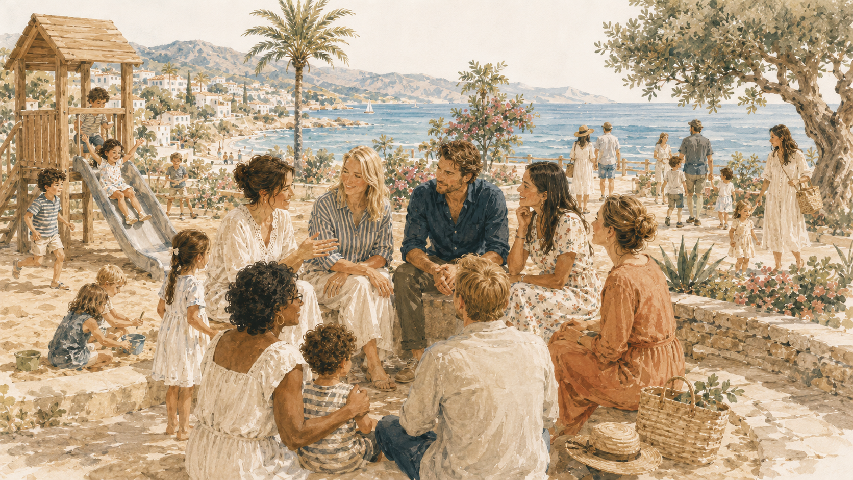Parents talking together at a playground near the beach while children play nearby on the Costa del Sol.