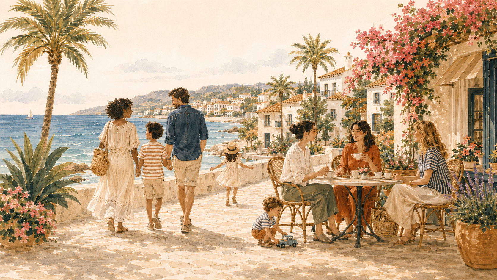 Families walking and meeting by the Costa del Sol coast, with a café terrace, palm trees and sea views.