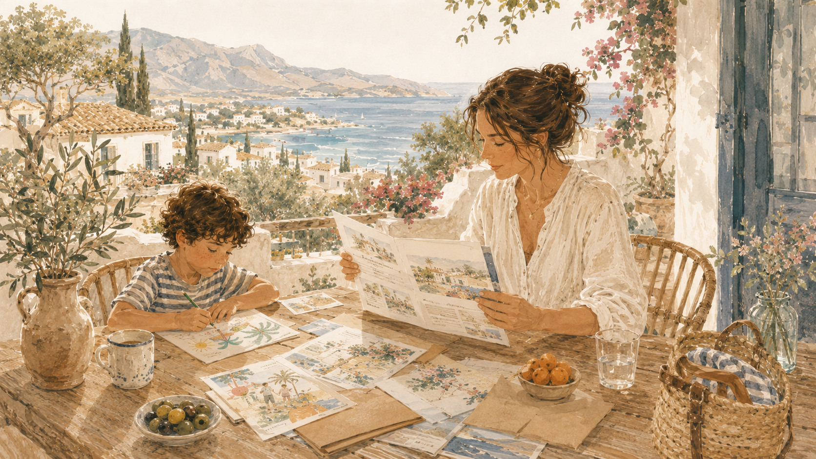 A parent reviewing family updates at a sunny Mediterranean terrace table while a child draws nearby.
