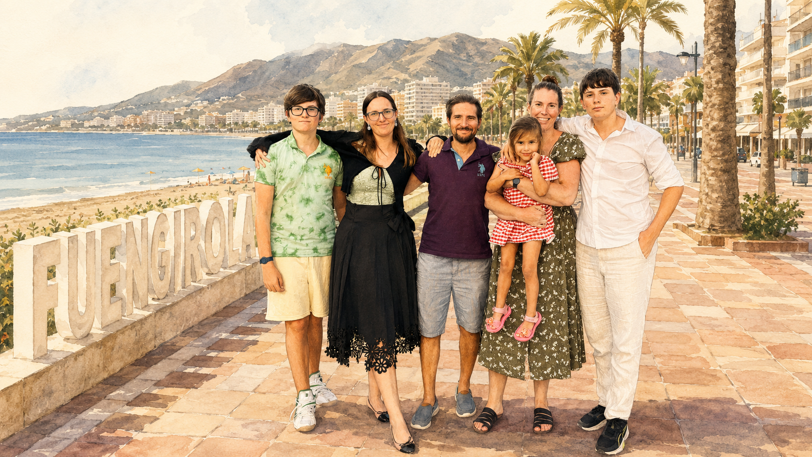 Malou with her family on the Fuengirola seafront, Costa del Sol