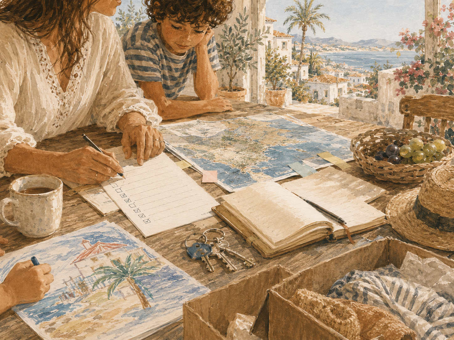 A sunlit table with a moving checklist, map, keys, notebook and children's drawing for a family planning a move to Spain.