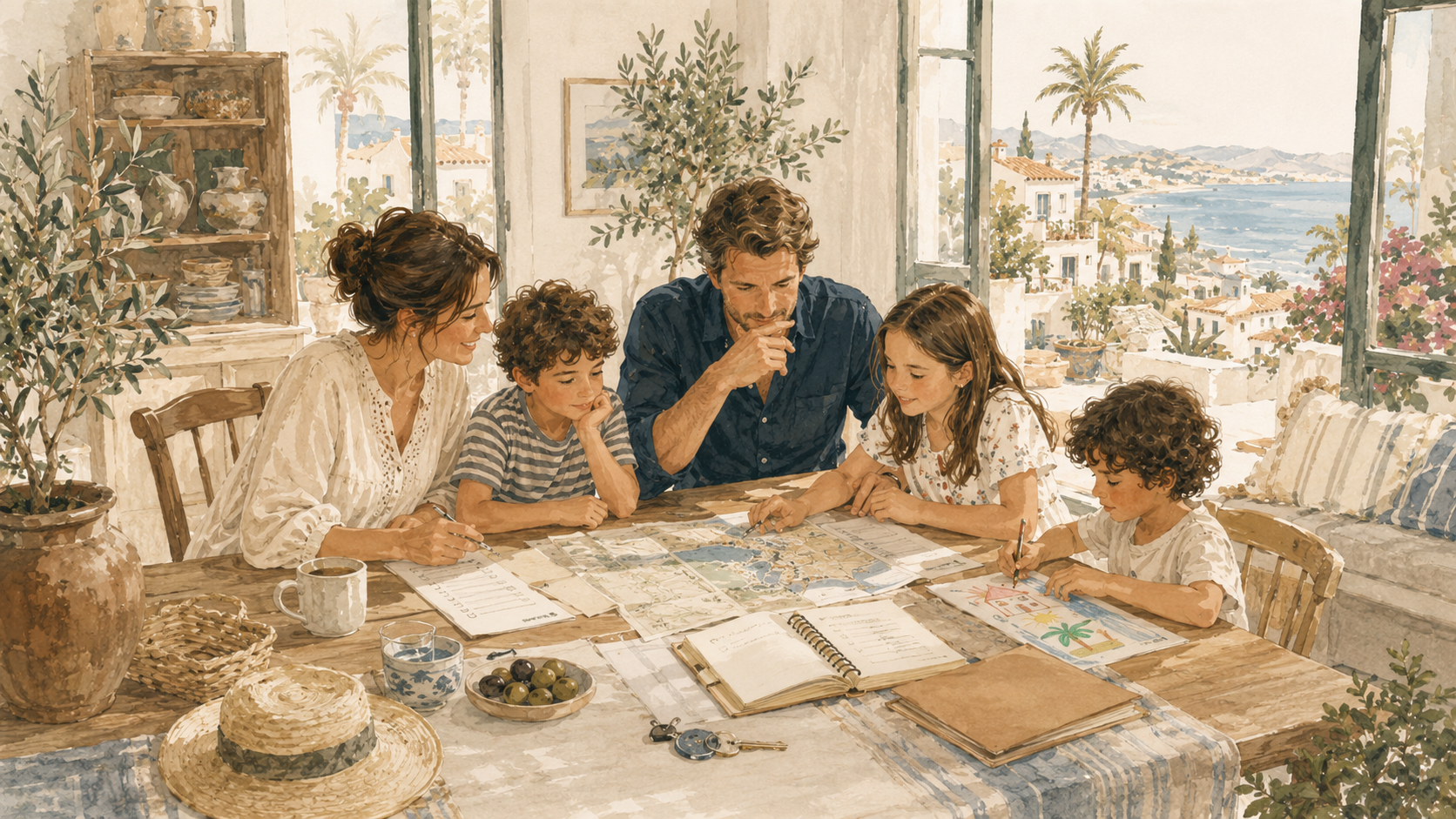 A family sitting at a kitchen table planning their move to Spain with maps, papers and a sea view in the background.