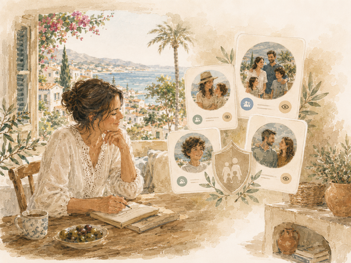 A parent reviewing family profile cards with privacy and safety symbols in a sunlit Mediterranean home.