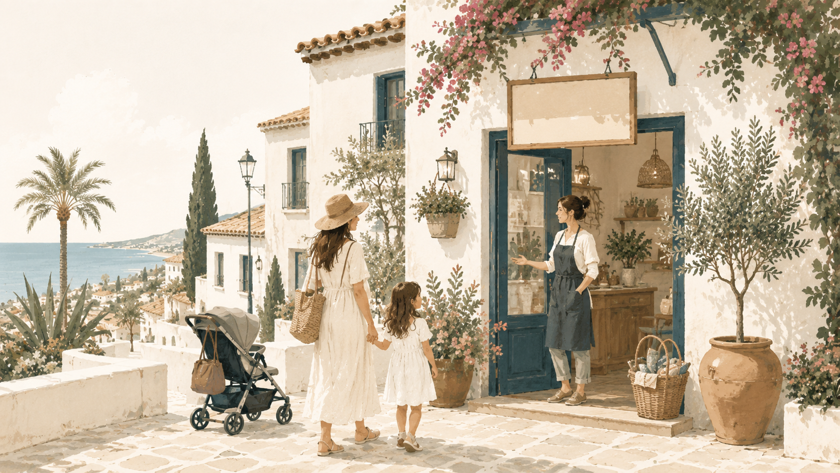 Mother and child walking through a Costa del Sol village to a local family-run shop